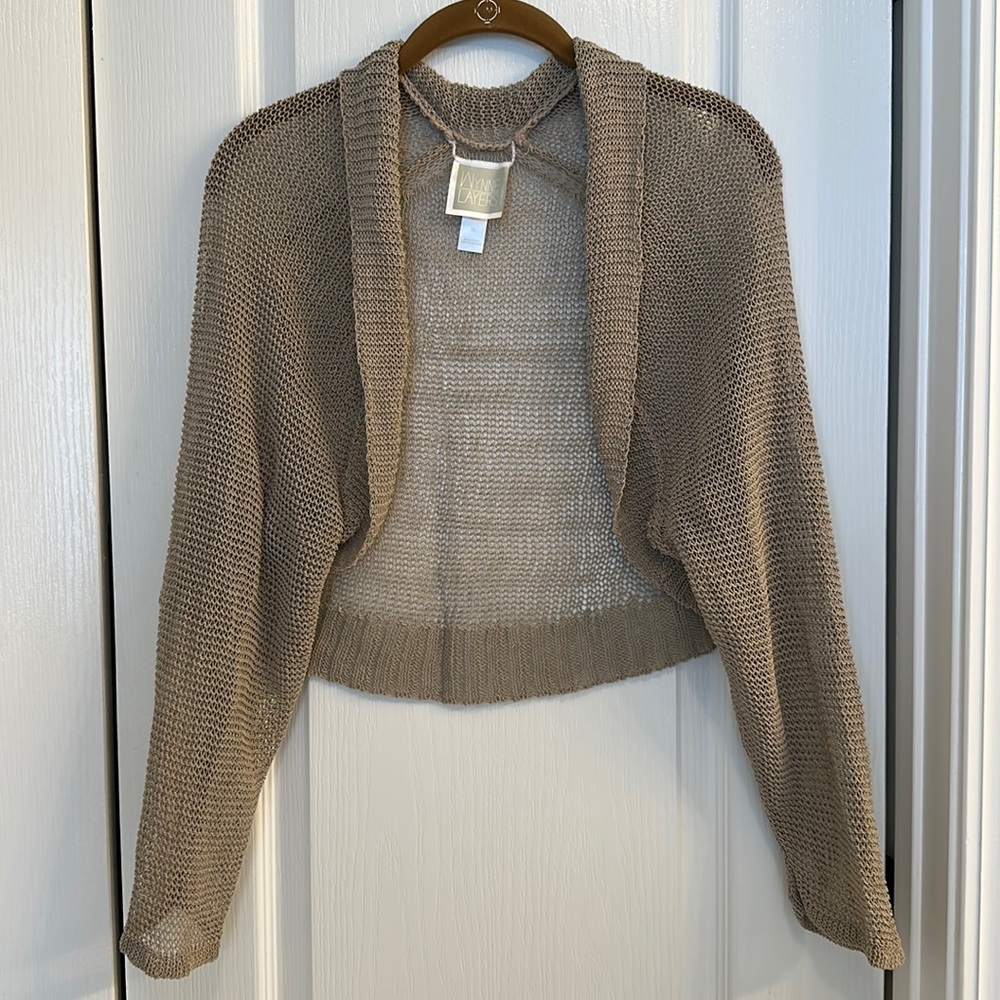 Wynne Layers Taupe Shrug Sweater Crocheted Cotton Linen Polyester Blend 1X